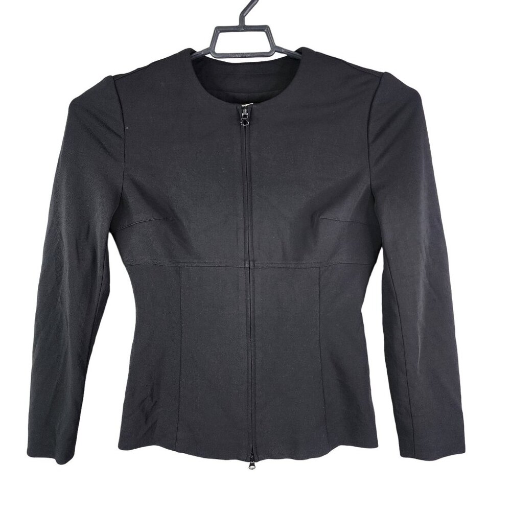 Womens Black Cache Fitted Jacket Full Zip Round Neck Long Sleeve Size 4